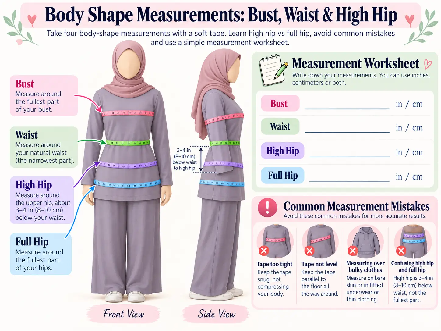 Body Shape Measurements: Bust, Waist & High Hip