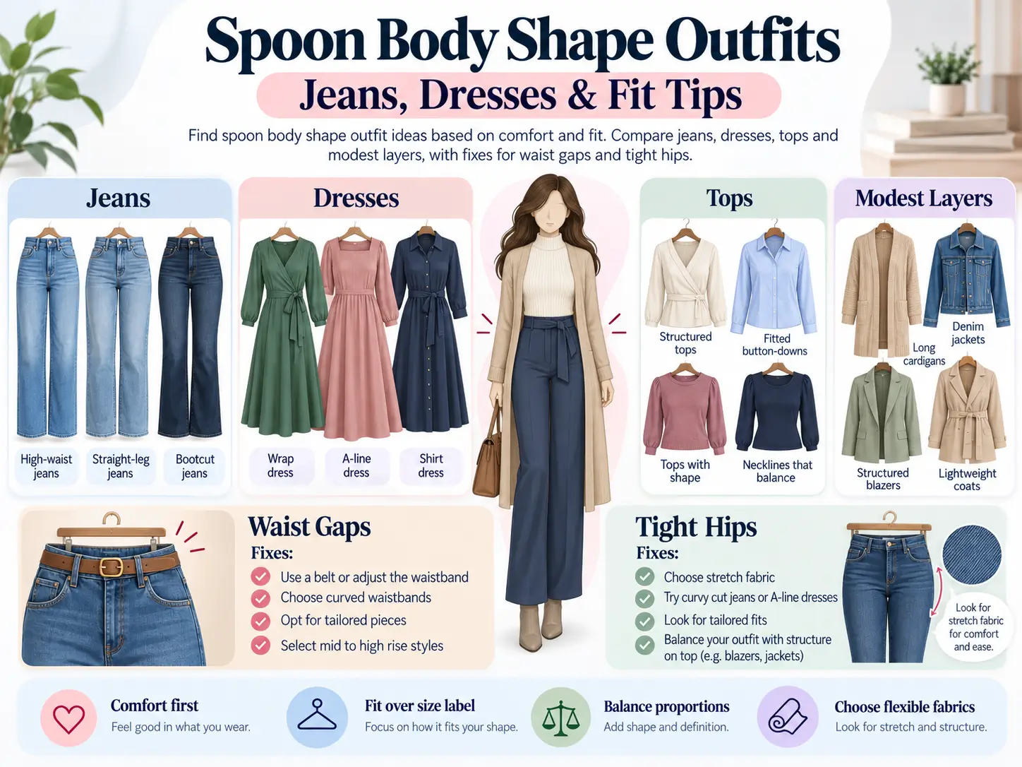 Spoon Body Shape Outfits: Jeans, Dresses & Fit Tips