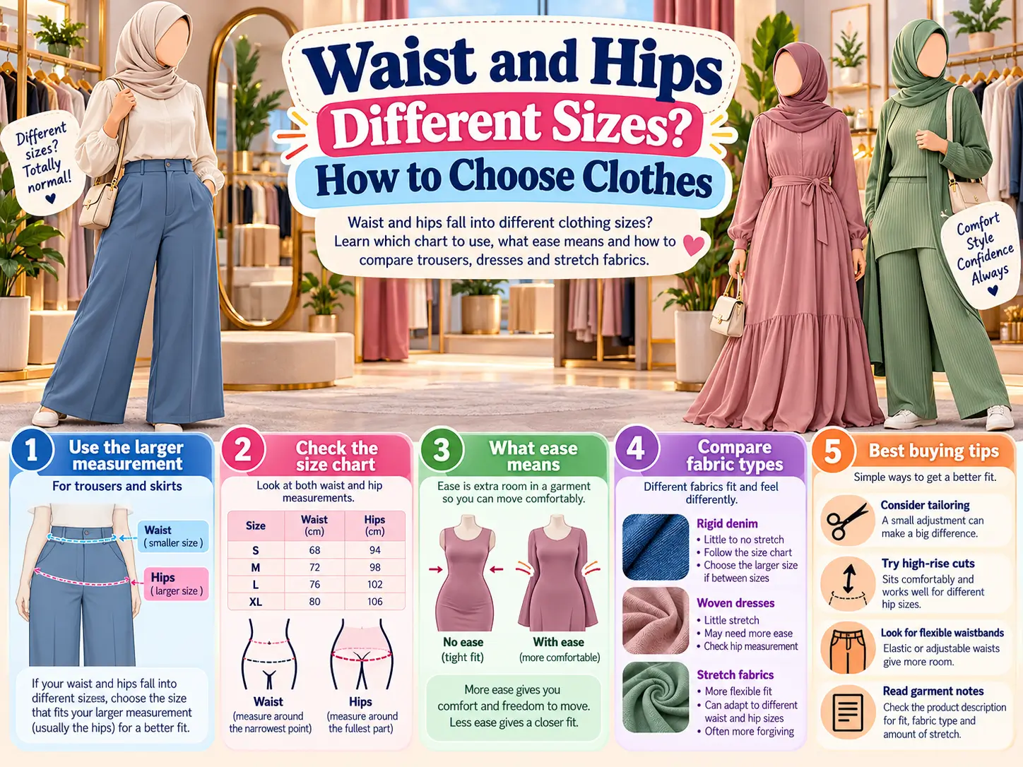 Waist and Hips Different Sizes? How to Choose Clothes